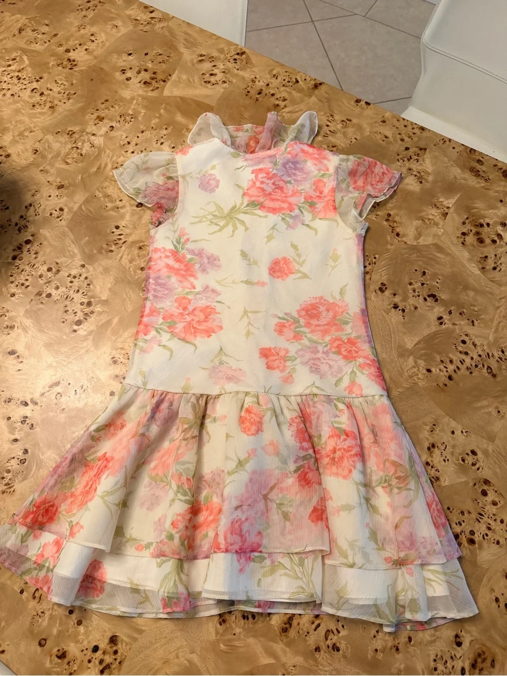 Ralph Lauren Ivory Floral Ruffle Chiffon Dress with Coral Accents
